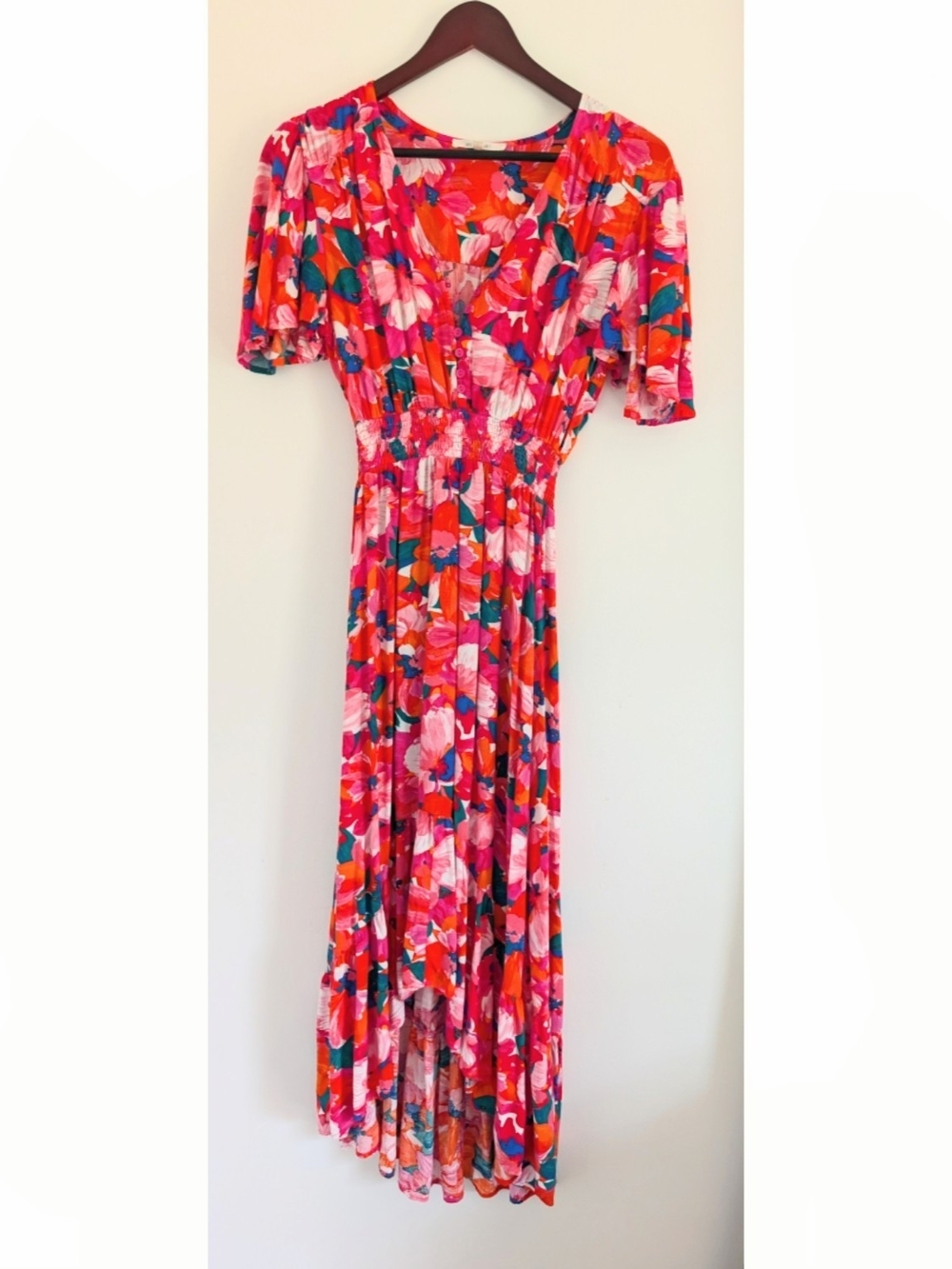 Abel The Label Bright Colorful Floral Vneck Hi Low Maxi Dress Size Small